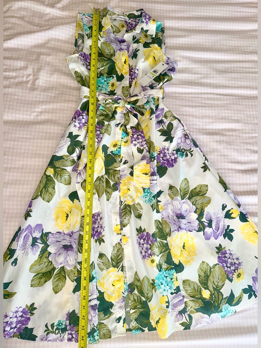 Calvin Klein Yellow & Purple Floral Shirtwaist Dress with Tie Belt - Picture 8 of 11
